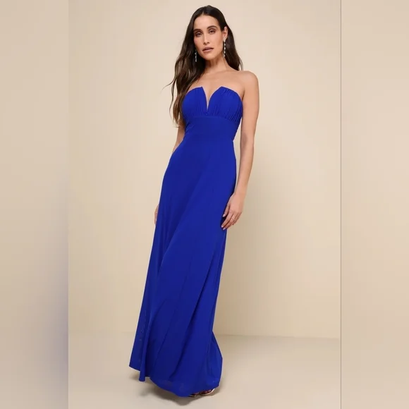 Lulus Momentous Charm Royal Blue Mesh Strapless Maxi Dress Wedding Party Prom - Picture 2 of 9